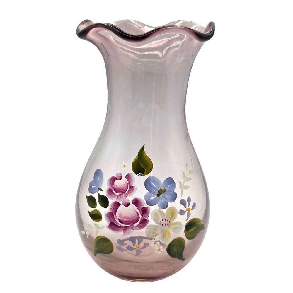 Vintage Fenton Light Amethyst‎ Blown Glass Hand Painted Floral 8" Vase